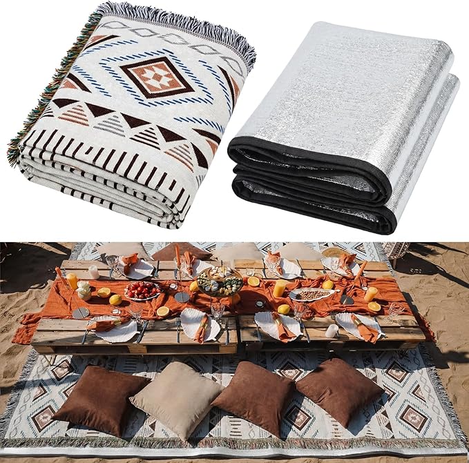 91x 71 in Extra Large Outdoor Picnic Blanket with Waterproof Mat Oversize Beach Woven Cotton Yarn Blanket with Fringe Machine Sandproof for Spring Summer Camping Beach Park(Diamond,Brown)