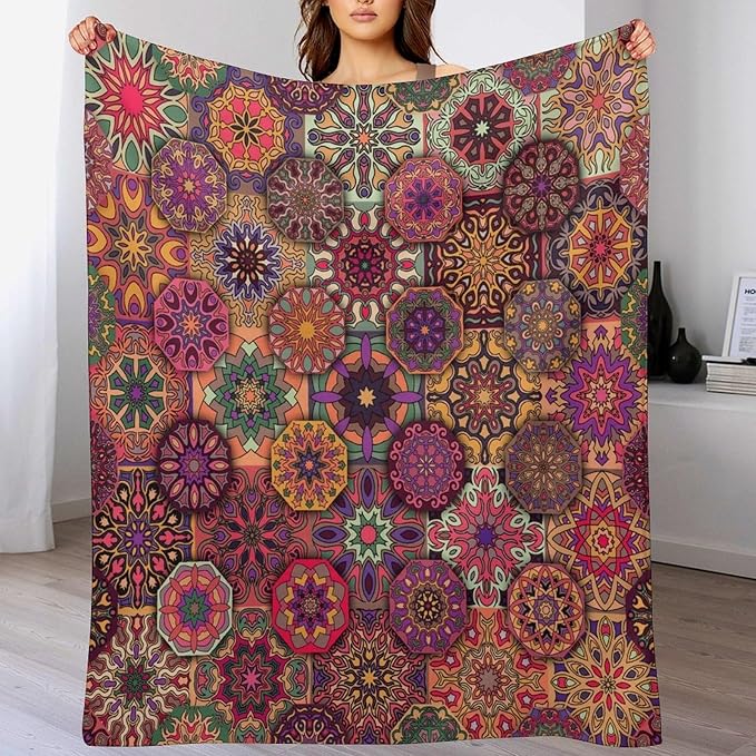 Mandala Indian Bohemian Throw Blanket Paisley Purple Floral Boho Abstract Tribal Blanket for Sofa Bed Couch Chair Or Dorm 60"x80"