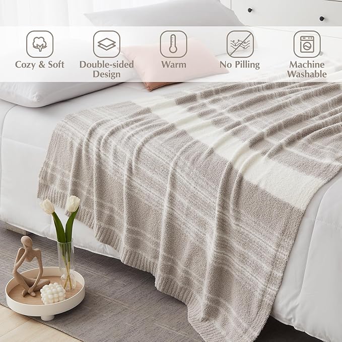 WRENGONGE Taupe Throw Blanket, 50x70 Soft Cozy Striped Throw Blankets for Couch, Sofa, Bed, Travel, Lightweight Fluffy Warm Plush Decorative Blankets for Women, Men Gift