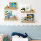AELS Scalloped Nursery Bookshelf, Set of 4, Picture Ledge Shelf for Wall Decor, Woven Straw Paper Floating Shelves for Books, Toys, Photo Frames, Nursery, Boho Modern Farmhouse Book Shelf, Beige