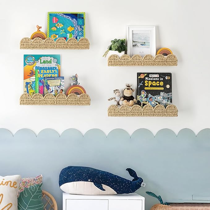 AELS Scalloped Nursery Bookshelf, Set of 4, Picture Ledge Shelf for Wall Decor, Woven Straw Paper Floating Shelves for Books, Toys, Photo Frames, Nursery, Boho Modern Farmhouse Book Shelf, Beige