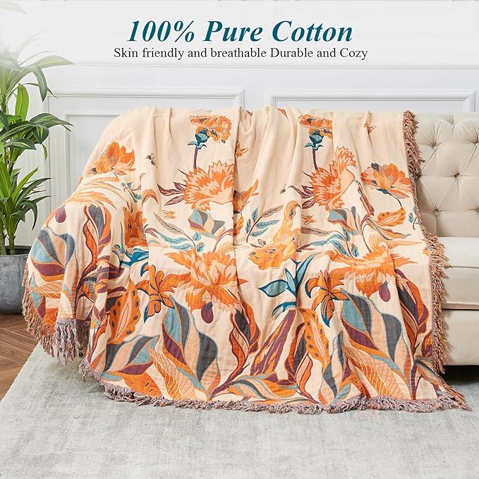 Boho Throw Blanket for Bed-100% Cotton Soft Breathable Farmhouse Decor Boho Quilt for Sofa (Flowers Tulips, 90"x98")