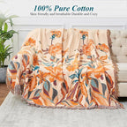 Boho Throw Blanket for Bed-100% Cotton Soft Breathable Farmhouse Decor Boho Quilt for Sofa (Flowers Tulips, 90"x98")