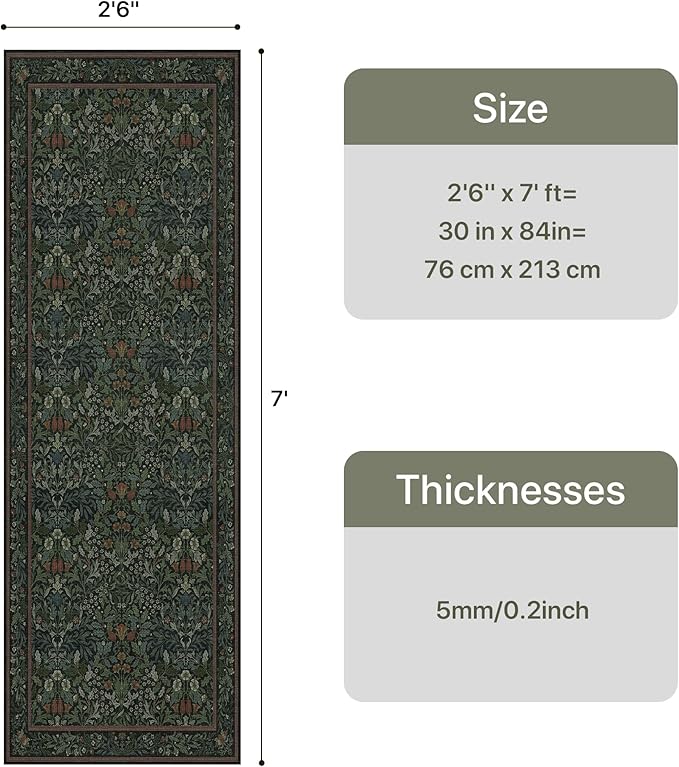 GENIMO Washable Floral Runner Rug 2’6”x7’, Non-Slip Long Hallway Carpet for Entryway, Kitchen, Indoor Floor Use, Vintage Boho Soft Thin Rug Décor, Dark Green