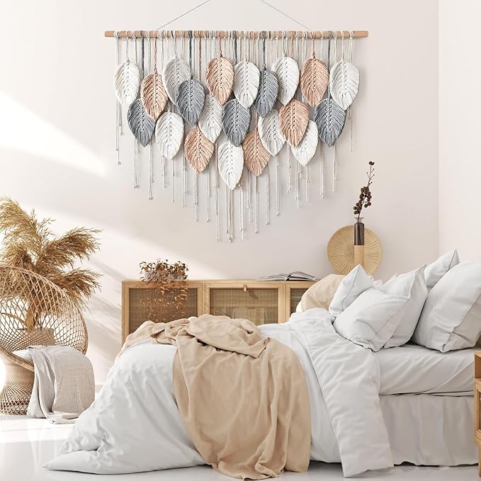 Alynsehom Large Macrame Wall Hanging, Boho Woven Tapestry, Chic Modern Bohemian Handmade Leaf Feather Wall Art Home Decor for Apartment Dorm Living Room Bedroom Nursery Backdrop (39" W X 29.5" L)