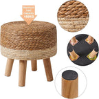 YMYNY Foot Stool Natural Seagrass Hand Weave, 12.6" Small Ottoman, Round Footrest for Living Room, Bedroom, Entryway, Change Shoes Stool, Non-Skid Wood Legs, Boho, Natural+White, UHBD027W