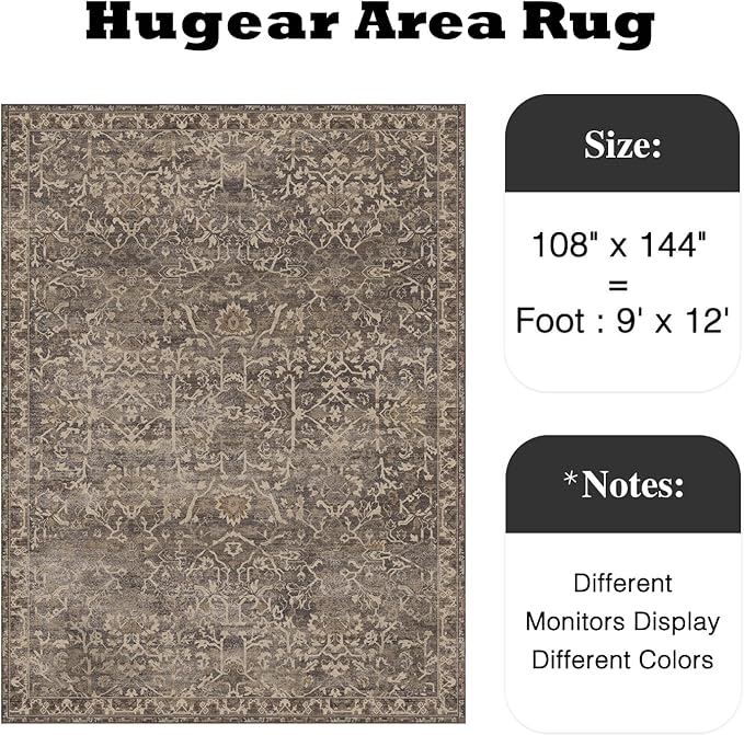 HUGEAR Area Rug 9x12 Retro Brown Machine Washable Living Room Rugs Distressed Vintage Floral Vacuumable Low Pile Carpet Bedroom Office Dining Room Laundry Room Non Slip Soft Lightweight