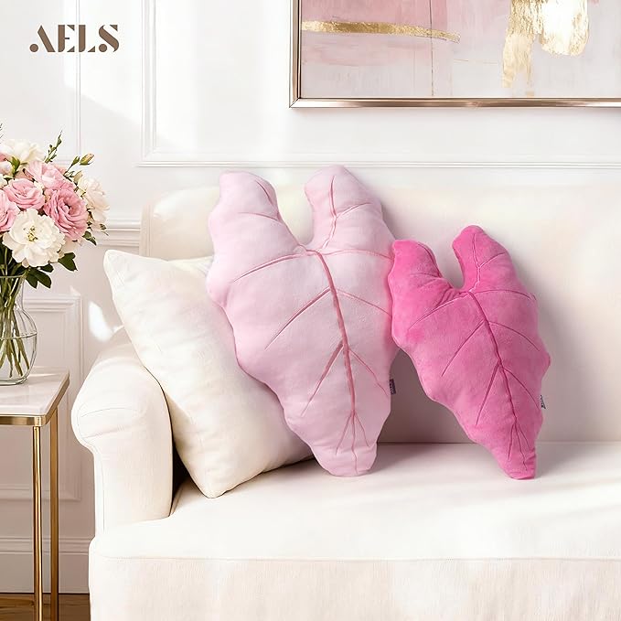 AELS Set of 2 3D Leaves Decorative Valentine Throw Pillows, 23.6" & 18.8" Philodendron Gloriosum Plush Pillow Set for Plant Lovers Garden Lovers, Living Room Bedroom Decor, Hot Pink & Pale Pink