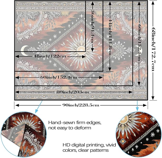 Accnicc Hippie Sun and Moon Tapestry Boho Mandala Floral Wall Tapestry for Bedroom Aesthetic Vintage Plant Celestial Dark Brown Large Tapestries Wall Hanging for Dorm Living Room Decor 80 x 60 Inch