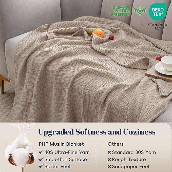 PHF 100% Cotton Muslin Throw Blanket 50" x 60", 4-Layer Lightweight Gauze Throw, Breathable Cloud-Soft Minimalist Blanket for Bed, Couch, Camping & Baby, Taupe, Ideal Gift