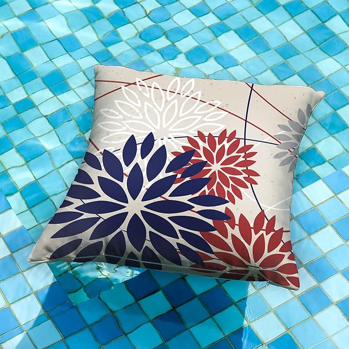 DFXSZ 4th of July Pillow Covers 20x20 Inch Set of 2 Patriotic Blue Red Floral Outdoor Waterproof Decorative Throw Pillows Polyester Cushion Case Decor for Patio Funiture Garden Couch 01H20