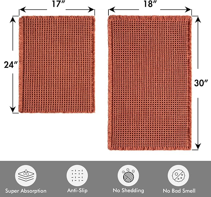 MIULEE Orange Set of 2 Waffle Bathroom Rugs, Boho Bath Rugs Non Slip Washable, Super Absorbent Bath Mats, Ultra Soft Rubber Backed Shower Mats for Bathroom Floor, Tub, 17"x24"+18"x30"