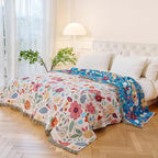 MSGKV Boho Throw Blanket for Couch 100% Cotton Floral Blanket 50"x60" Sofa Bed Chair Blanket All Seasons Lightweight Farmhouse Muslin Spring Breathable Blankets Home Decor