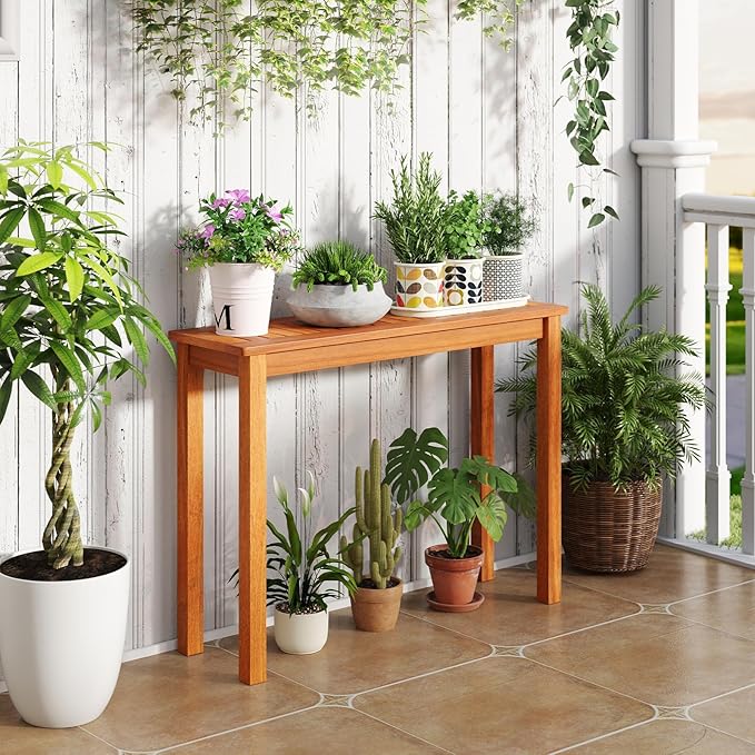 Tangkula Wooden Plant Stand, Outdoor Indoor Solid Wood Flower Pot Holder Display Shelf with Teak Oil Finish, Slatted Top, Rustic Plant Rack for Patio Garden Entryway Porch