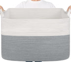 Goodpick 105L Extra Large Woven Blanket Basket Cotton Rope Storage Baskets for Organizing, Rectangle Baby Laundry Basket for Living Room Home Decor, 25"x16"x16", White & Gray