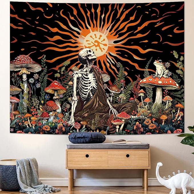 Amonercvita Skull Tapestry Vintage Mushroom Tapestries Aesthetic Sun Tapestry Floral Skeleton Wall Hanging Tapestries Jungle Plants Wall Decor for Bedroom
