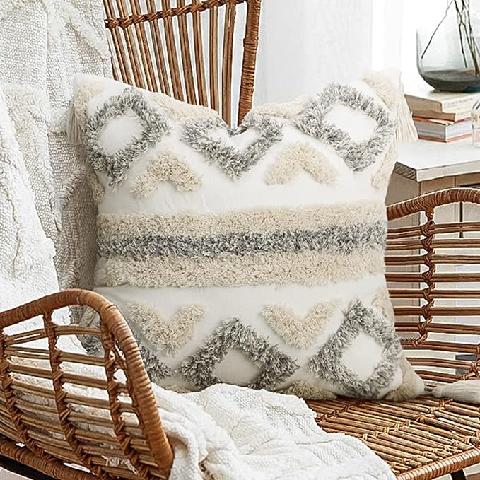 Merrycolor White Grey Boho Pillow Covers 20x20 with Tassels Tufted Decorative Gray Throw Pillows Neutral Modern Accent Pillowcase Farmhouse Square Cushion Covers for Couch Sofa Bedroom Living Room