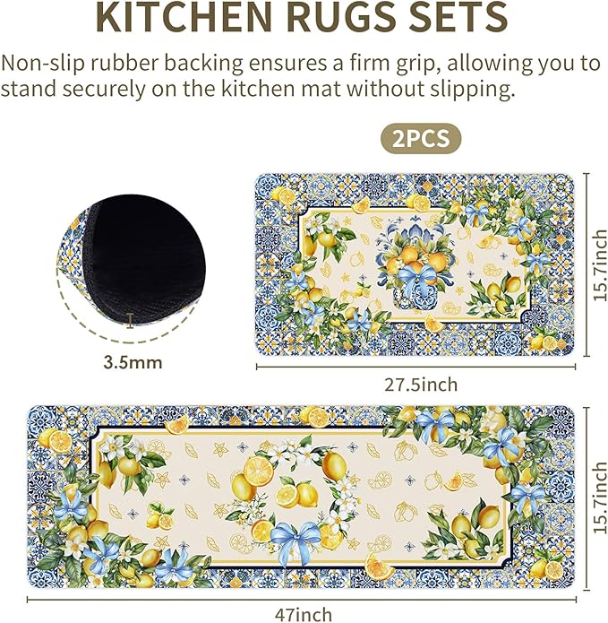 Rugs for Kitchen Floor, Lemon Anti Fatigue Mats for Kitchen Floor Non Slip, 2PCS Wipeable Rubber Kitchen Mat, Washable Cushioned Lemons Runner Carpet Rug for Sink Laundry 15.7"×27.5" +15.7"×47"