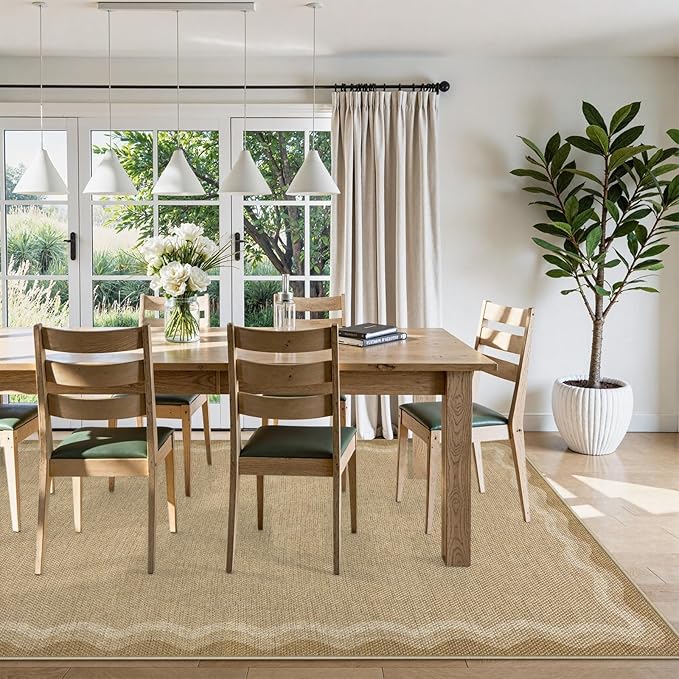 LIVEBOX Scalloped Washable Outdoor 5x7 Rug, Easy Jute Tan Rug for Living Room, Indoor Geometric Rug for Bedroom, Farmhouse Rugs Dining Room Mat Modern Carpet Area Rug for Patio Home Office Decor