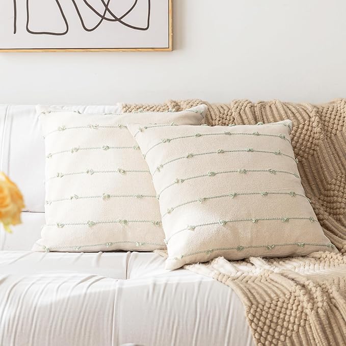 Boho Throw Pillow Covers 20x20 Set of 2 Modern Farmhouse Decorative Cushion Case Tufted Square Pillows Cover Neutral Pillow Cases Accent Pillowcase for Sofa,Couch,Bed,Beige and Green