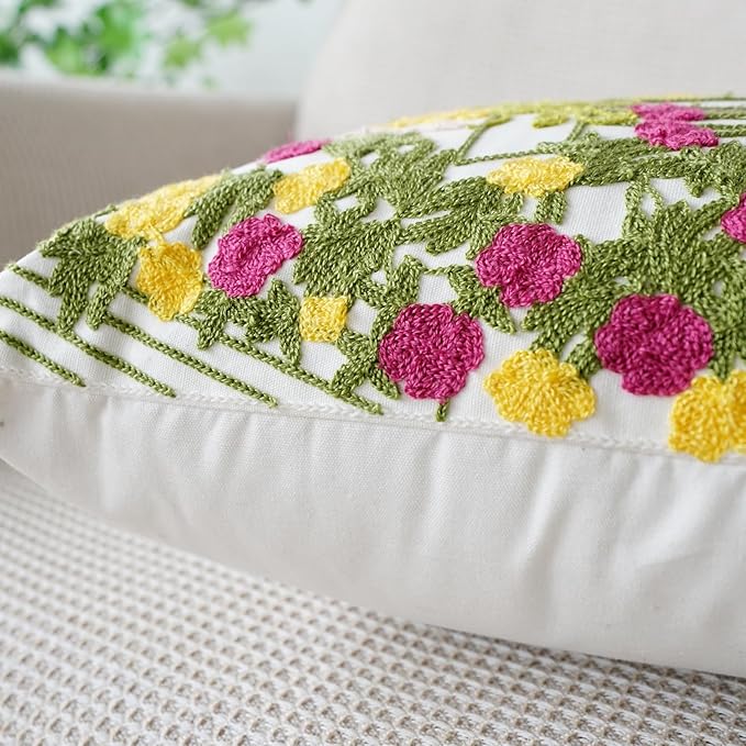 vctops Spring Embroidered Decorative Throw Pillow Cover Summer Floral Square Pillow Cases Garden Cotton Cushion Cover for Couch Sofa Bed (Flower C,18"x18")