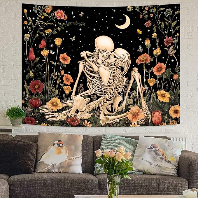 Accnicc Floral Skeleton Lovers Tapestry for Bedroom Gothic Skull Wall Tapestry Aesthetic Vintage Flower Plant Small Tapestries Wall Hanging for Living Room Dorm 60 x 44 Inch