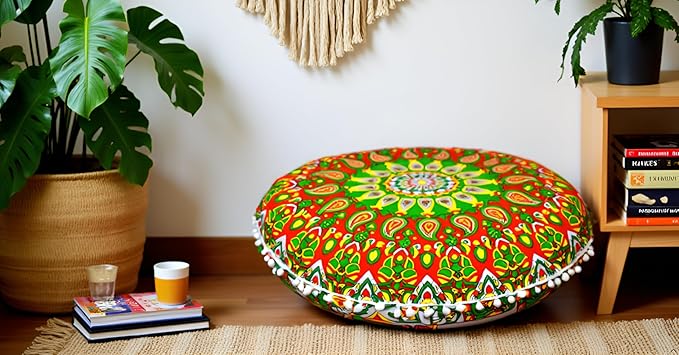 CRAFT KALA 22" Round Mandala Comfort Meditation Floor Pillow Cover, Large Pillows Seating Cover for Adults, Cushions Cover for Outdoor Yoga Fireplace Living Room Ottoman Cover Green Red Flower