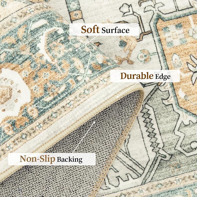 8x10 Area Rugs for Living Room, Vintage Washable Rug with Non-Slip Backing, Stain Resistant Large Area Rug for Dining Room, Soft Rugs for Bedroom (Green/Light Grey, 8'x10')
