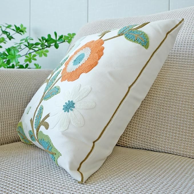 vctops Floral Embroidered Pillow Covers 18x18 Inch Spring Summer Cotton Tufted Throw Pillow Cover Outdoor Garden Cushion Case for Sofa, Bed, Living Room (Flower G,18"x18")