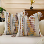 Set of 2 Boho Pillow Covers with Tassels Brown 18x18 Inch Farmhouse Decorative Chenille Tufted Striped Throw Pillow Covers, Neutral Accent Square Textured Pillowcase for Couch Bed Living Room