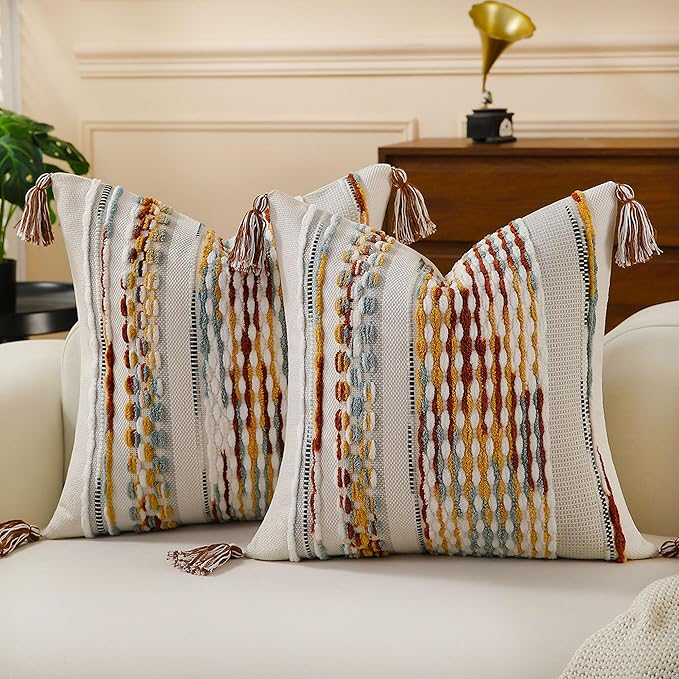 Set of 2 Boho Pillow Covers with Tassels Brown 18x18 Inch Farmhouse Decorative Chenille Tufted Striped Throw Pillow Covers, Neutral Accent Square Textured Pillowcase for Couch Bed Living Room