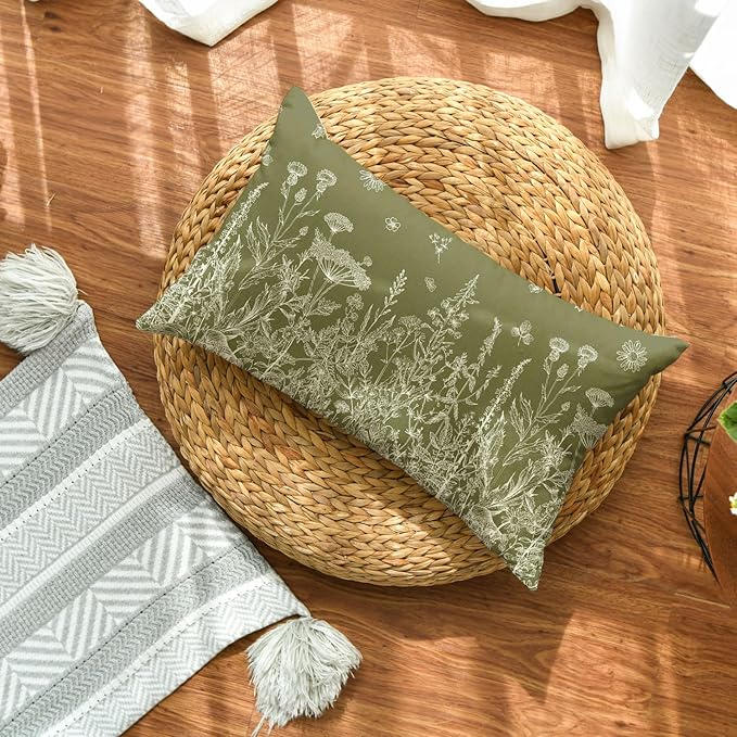 AVOIN colorlife Wildflowers Spring Antique Herbs Green Throw Pillow Cover, 12 x 20 Inch Flower Cushion Case Decoration for Sofa Couch