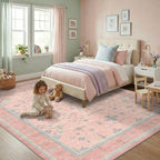 Washable Pink and Blue 8x10 Oushak Rugs for Bedroom Girls Dorm Living Room, Modern Floral Aethestic Distressed Design, Soft Faux Wool Low Pile Non Slip Stain Resistance Carpet