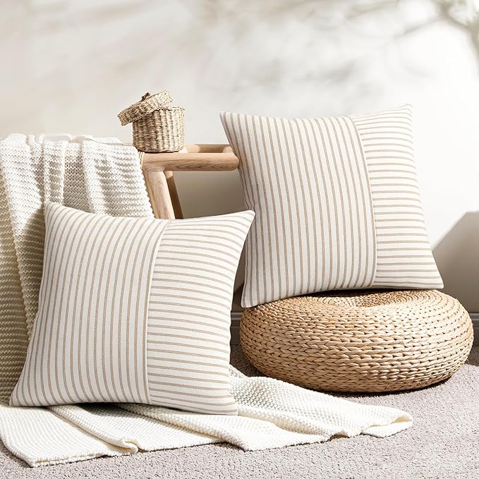 YCOLL Farmhouse Pillow Covers 20x20, Modern Accent Square Throw Pillow Covers Set of 2, Khaki and Beige Striped Patchwork Linen Decorative Pillows Cushion Covers for Couch Chair Bedroom Home Decor