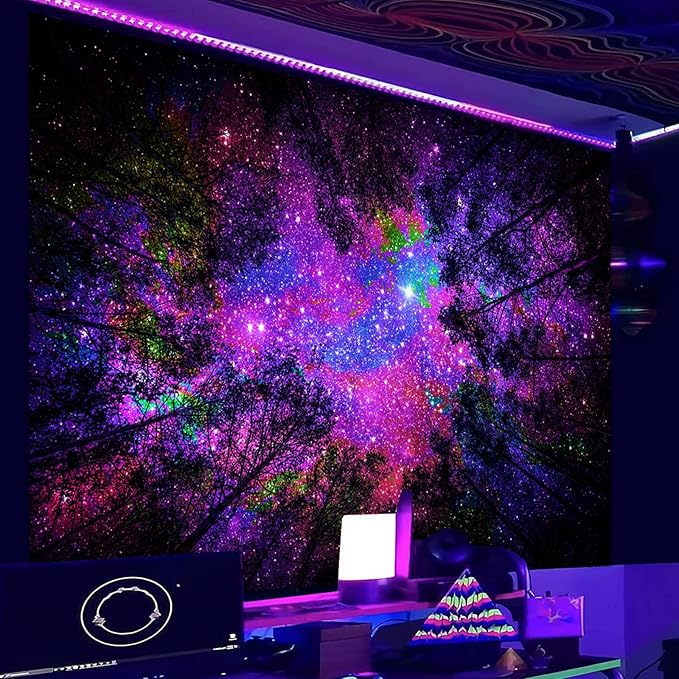 Miytal Blacklight Starry Sky Tapestry, Fantasy Forest Space Galaxy Night Nature Scenery Wall Hanging Tapestry, Aesthetic Landscape Wall Art Tapestries for Bedroom, Living Room - 59.1" x 80"