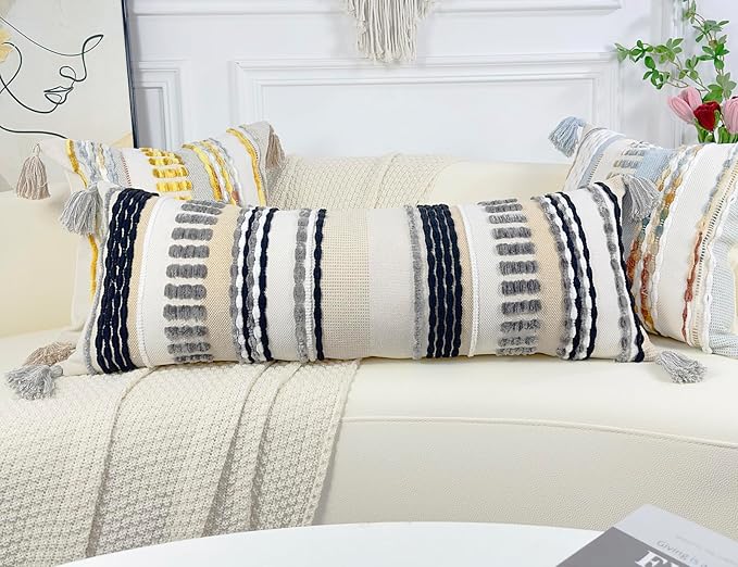 Chenille and Cotton Long Pillow for Bed, Striped Textured Boho Lumbar Throw Pillow Cover 12x36, Neutral Accent Decorative Extra Long Body Pillow Case for Couch, Sofa, Bedroom, Grey