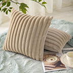 decorUhome Cozy Faux Fur Throw Pillow Covers 24x24 Set of 2 Decorative Soft Plush Striped Modern Farmhouse Boho Couch Euro Sham Pillow Cases with Velvet Back for Sofa Bed Living Room, Khaki Brown
