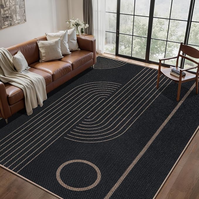 Tangsoo Easy Jute 5x7 Area Rug for Living Room,Modern Thin Washable Rug Non Slip Rubber Backing Indoor Outdoor Carpet,Farmhouse Black Round Rainbow Throw Mat for Office Balcony Backyard Patio