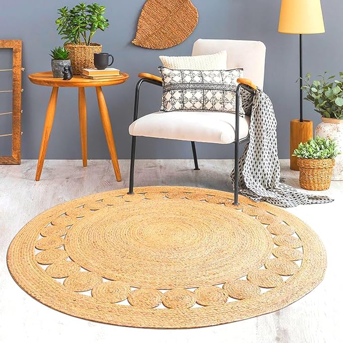 KEMA Jute Area Rug 3ft Round Natual Braided Dot Handwoven Rug Rustic Vintage Reversible Boho Area Rugs for Farmhouse, Living Room, Bedroom, Patio, Kitchen