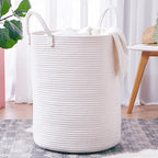 60L Pure White Woven Hamper Laundry Basket Cotton Rope Blanket Basket for Living Room 15Dx20H inches Tall Clothes Hamper for Baby Nursery Kids in Bedroom
