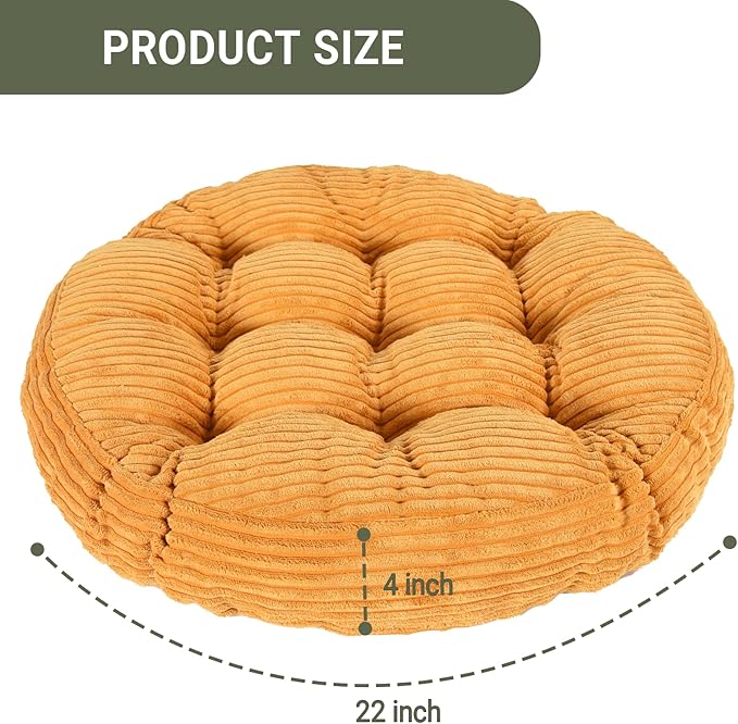 Large Floor Pillow for Adults, 22x22" Memory Foam Floor Cushion with Corduroy Cover, Round Floor Sitting Cushions for Meditation, Lounge,Seating for Yoga, Tatami Living Room (2, Round-Orange)