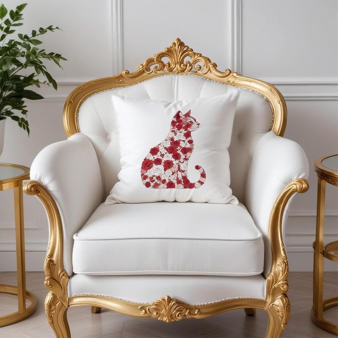 Red and White Rose Floral Cat Pillow Covers 18x18, Gifts for Cat Lovers Mom Lady Owners, Elegant Kitten Kitty Decorative Pillow Covers for Home Bedroom Living Room Decor, Pet Lover Gifts