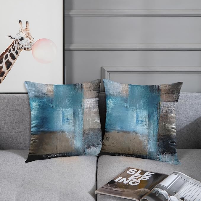 Britimes Throw Pillow Covers Modern Home Art Decor, 18 x 18 Inches Set of 2 Pillow Cases Decorative, Abstract Oil Painting Pillowcases for Bedroom, Living Room, Cushion Couch Sofa, Teal Grey
