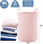 80L Extra Large Pink Hamper Laundry Basket for Baby Girls Tall Nursery Hamper for Kids Woven Rope Clothes Basket for Little Girls Room Bedroom Light Pink Kawaii 16"D x 22"H