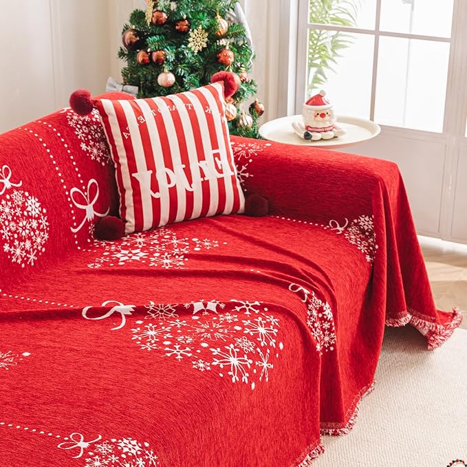 hyha Couch Cover for Dogs, Boho Sofa Covers for 3 Cushion Couch Washable, Chenille Sofa Slipcover for Pets, Soft Loveseat Sectional Couch Throw Blankets with Tassels (Red Snowflakes,88.5x134 Inch)