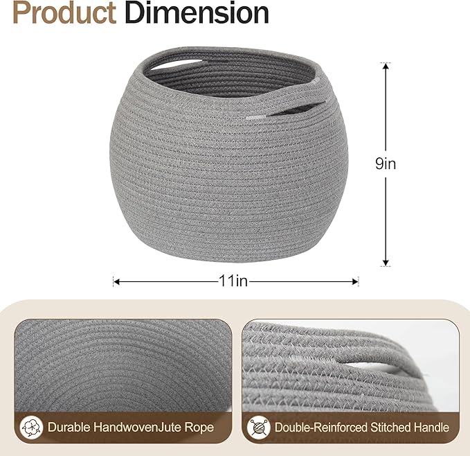 Gray Storage Basket for Decor, Round Plant Basket Indoor, Cute Baby Nursery Organizer, Small Wicker Cat Dog Toy Bin Box, Decorative Woven Cotton Rope Closet Bin, Kids Stuffed Animals Storage