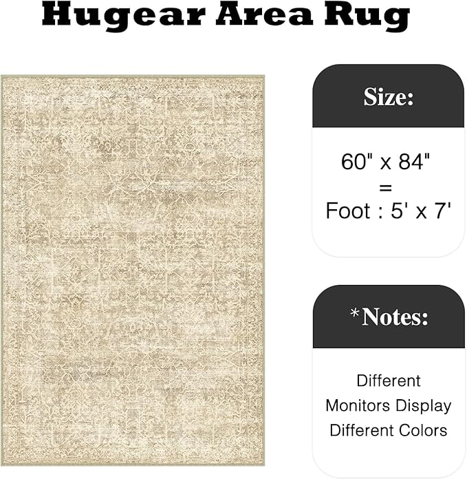 HUGEAR Area Rug 5x7 Retro Beige/Brown Machine Washable Living Room Rugs Distressed Vintage Floral Vacuumable Low Pile Carpet Bedroom Office Dining Room Laundry Room Non Slip Soft Lightweight