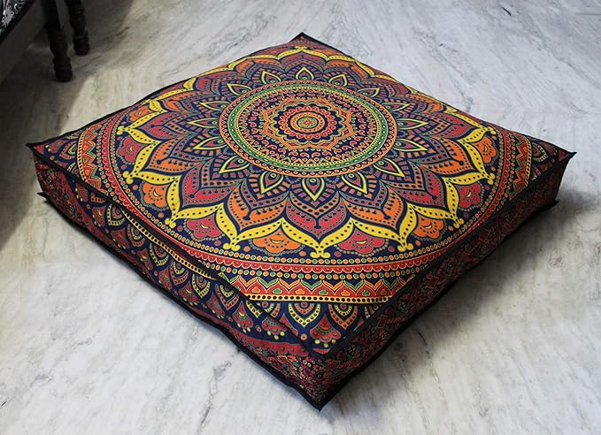 CRAFT KALA Mandala Floor Pillow Cushion Cover Seating Throw Cover Hippie Decorative Bohemian Ottoman Poufs Pom Pom Pillow Cases Boho Indian Cotton Living Room Yoga Home Décor 35" Square New Blue Ombre