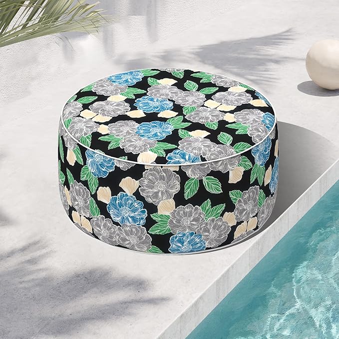Indoor/Outdoor Inflatable Ottoman, Water Repellent Round Foot Rest Ottomans D31 x H14 inch, Portable Footstool for Patio Garden Camping or Home, Peony Garden
