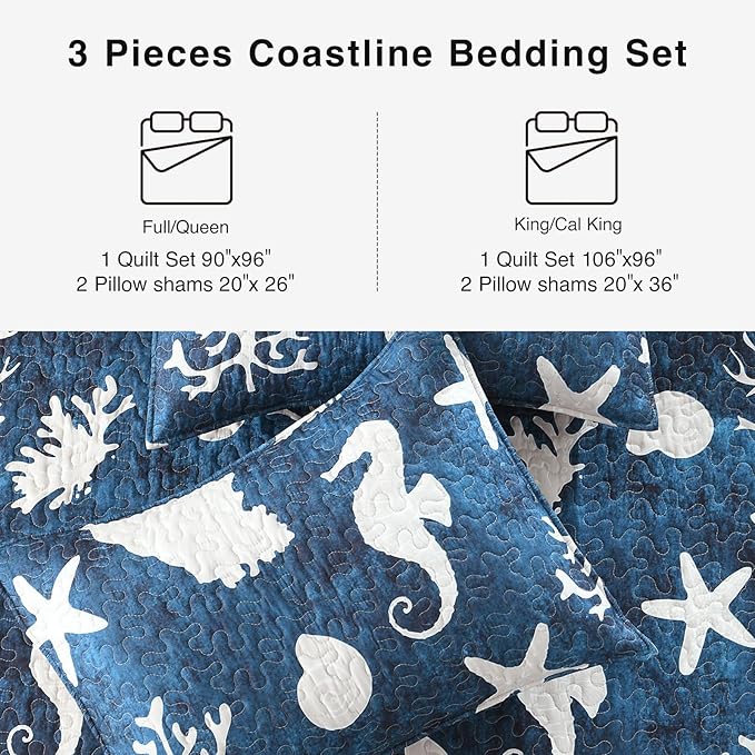 HORIMOTE HOME Coastal Quilt Bedding Set King Size, Reversible Navy Summer Beach Quilt Lightweight Ocean Nautical Comforter Tropical Bedspread Coverlet with 2 Pillow Shams for All Seasons (106"x96")